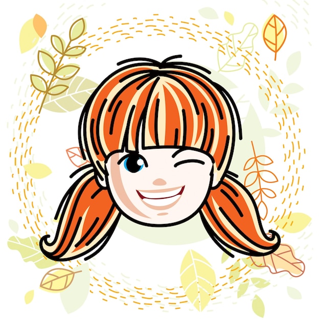 Vector illustration of beautiful red-haired happy girl face, positive face features, teenager winking. Autumn theme clipart.