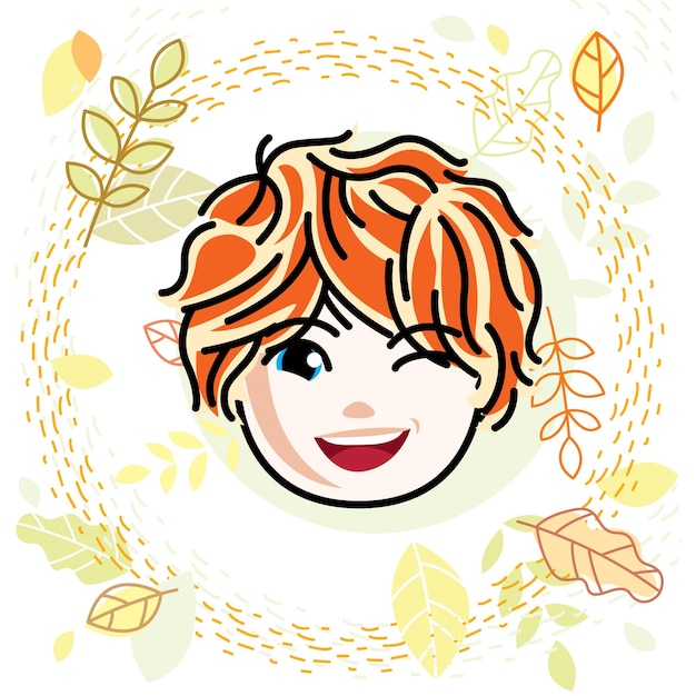 Vector illustration of beautiful red-haired happy girl face, positive face features, teenager winking. Autumn theme clipart.