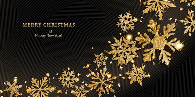 Vector illustration of beautiful shiny complex Christmas snowflakes made of sparkles in golden colors with shadows on dark background