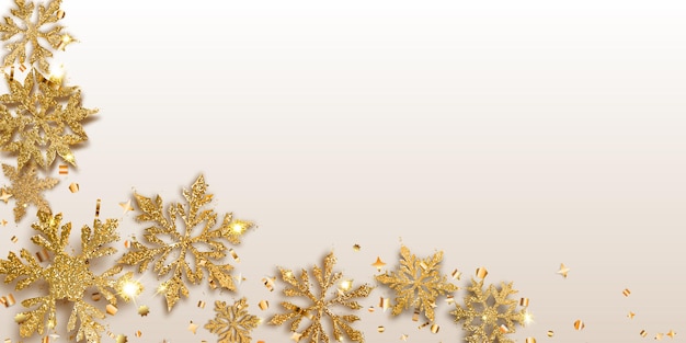 Vector illustration of beautiful shiny complex Christmas snowflakes made of sparkles in golden colors with shadows on light background