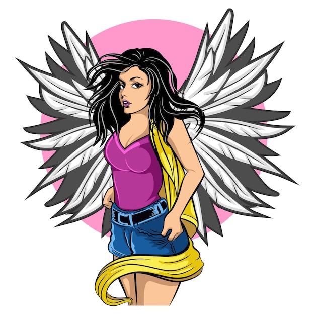 vector illustration of a beautiful woman with angelic wings logo design cartoon mascot