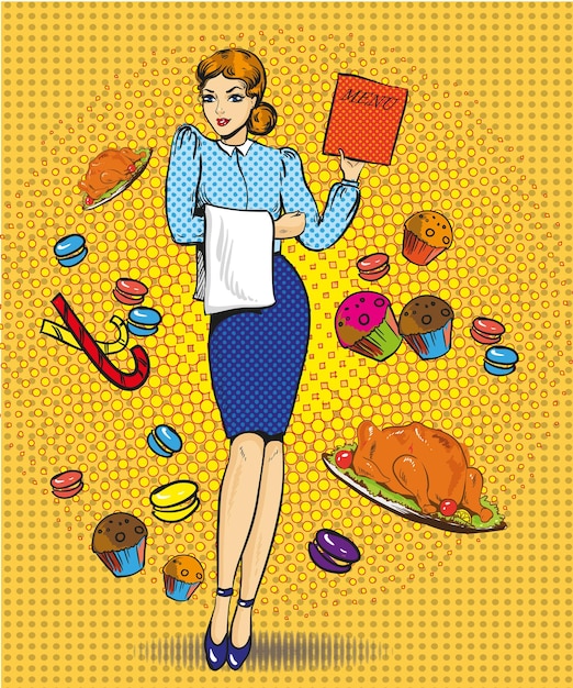 Vector vector illustration of beautiful woman with menu waitress character sweets pastry roasted turkey in retro pop art comic style