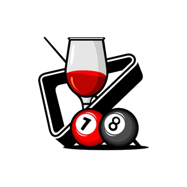 vector illustration of billiard ball, glass of red wine and billiard stick