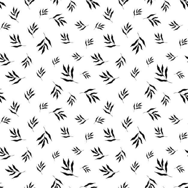 Vector illustration of black leaves of tropical plants forming seamless pattern on white background