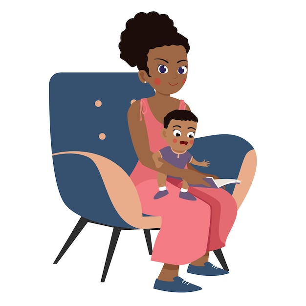 Vector Illustration black mother sitting and holding little baby