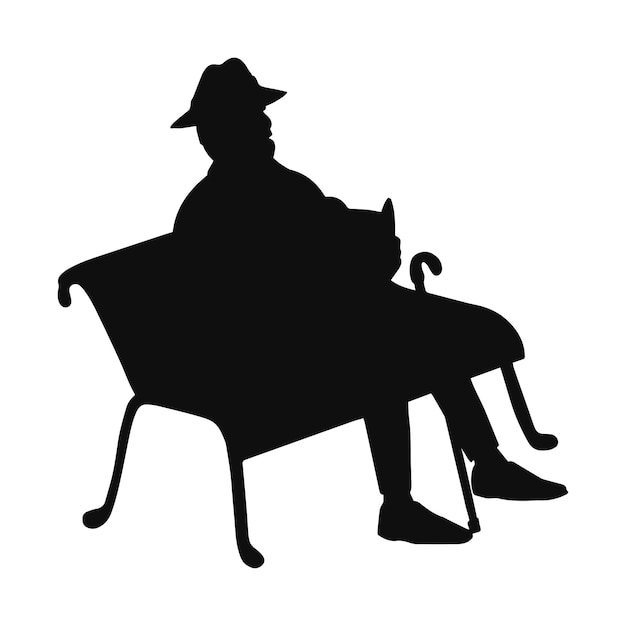 Vector illustration of black silhouette old man sitting on a park bench reading a book