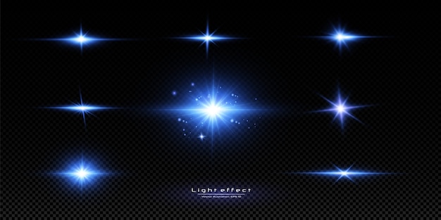 Vector illustration of a blue color. Set of light effects. Flashes and glares. Bright rays of light. Glowing lines.