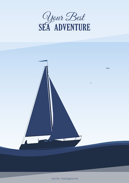 Vector illustration: Blue marine with Silhouette of yacht.