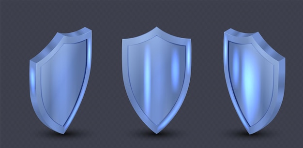 Vector illustration of a blue shield in a different views blue shield metal frame realistic vector