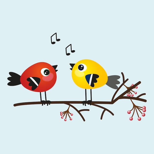 Vector illustration of a bluebird and a bullfinch singing on a rowan branchxDxA