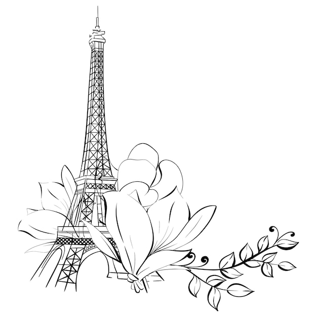 Vector illustration border of Eiffel Tower and flower Magnolia springtime romantic in Paris France