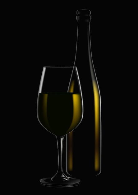 Vector illustration of a bottle and a glass of white wine on a dark background Sketch for creativity