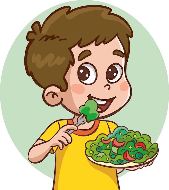 Vector vector illustration of boy eating salad