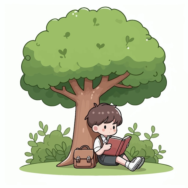 Vector Illustration of Boy Reading Book Under Tree