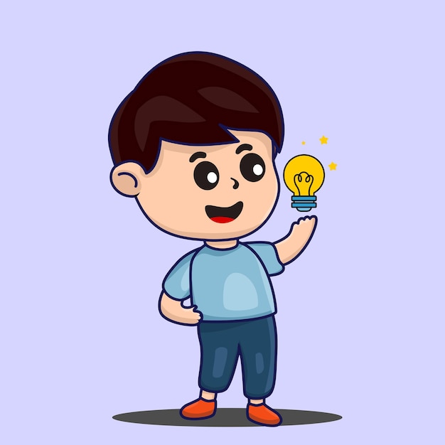 Vector illustration of a boy who has a smart idea a boy with a bulb symbol of an idea