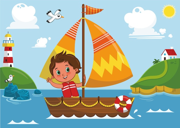 Vector illustration of a boys sailing adventure