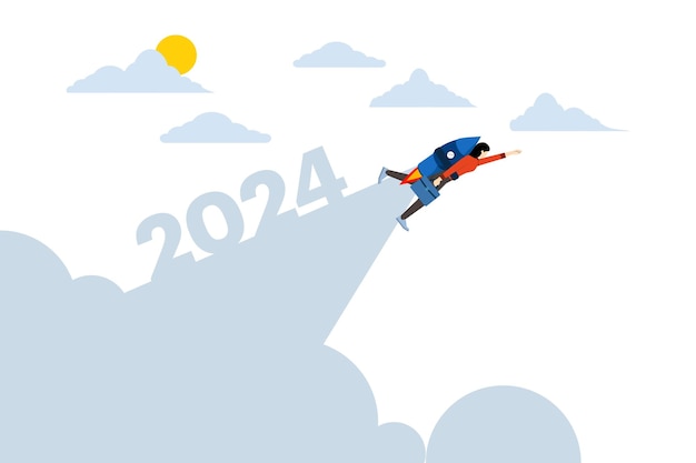 vector illustration of brainstorming ideas concept with New Year 2024 with creative rocket launch