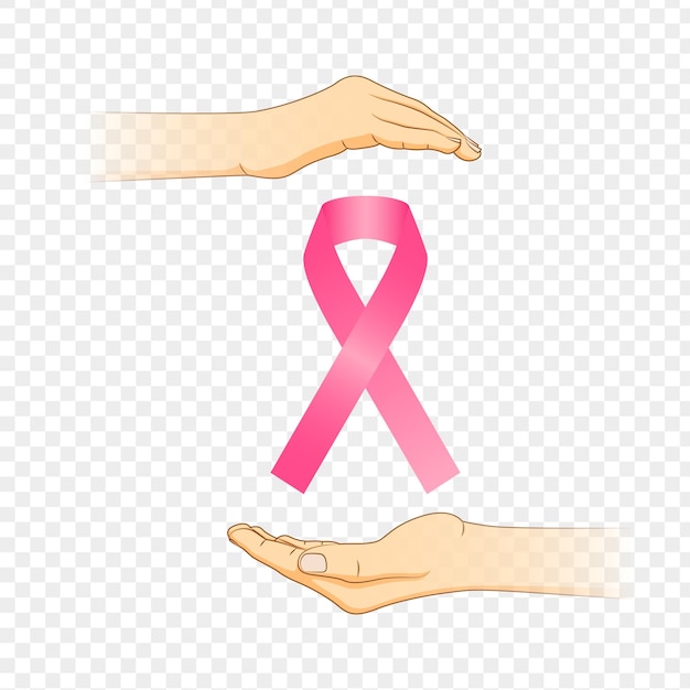 Vector vector illustration of breast cancer awareness pink ribbon in hands on transparent background