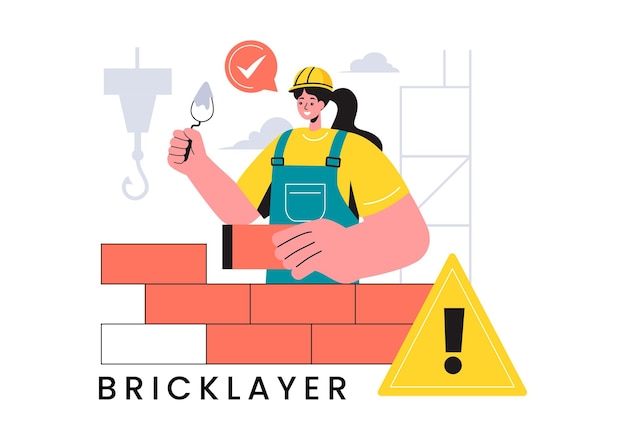 Vector vector illustration of a bricklayer worker with people constructing and laying bricks to build a wall in a flat cartoon background