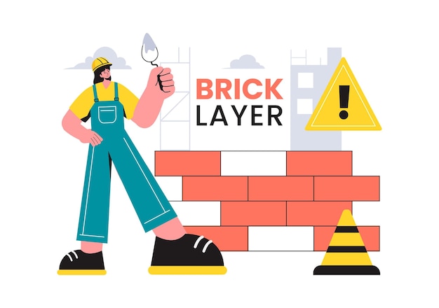 Vector vector illustration of a bricklayer worker with people constructing and laying bricks to build a wall in a flat cartoon background