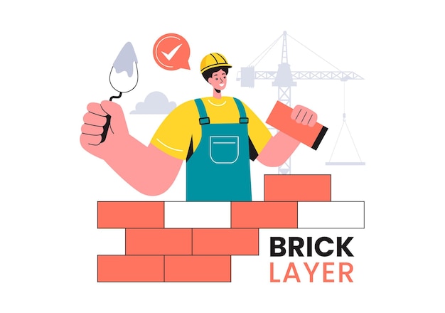 Vector vector illustration of a bricklayer worker with people constructing and laying bricks to build a wall in a flat cartoon background