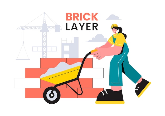 Vector vector illustration of a bricklayer worker with people constructing and laying bricks to build a wall in a flat cartoon background