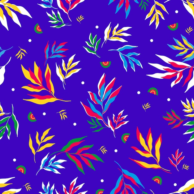 Vector illustration of bright multicolored leaves of tropical plants forming seamless pattern on purple background