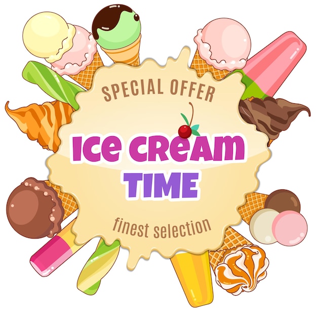 Vector illustration for brightly colored poster with ice cream waffle cones popsicles on a beautiful background