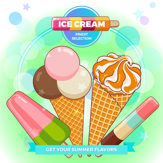 Vector illustration for brightly colored poster with ice cream waffle cones popsicles on a beautiful background