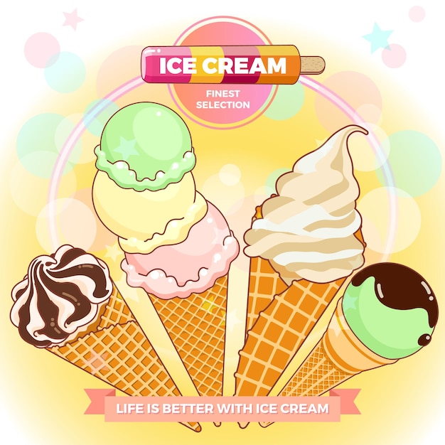 Vector illustration for brightly colored poster with ice cream waffle cones popsicles on a beautiful background