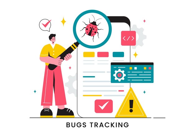 Vector vector illustration of a bug tracking tool with mobile phone protection from computer viruses in a website security flat cartoon background