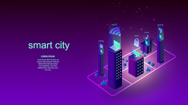 Vector illustration of a building with elements of a smart city. Science, futuristic, web, network concept, communications, high technology. EPS 10.