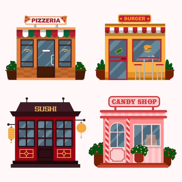 Vector illustration of buildings that are restaurants cafe fast food