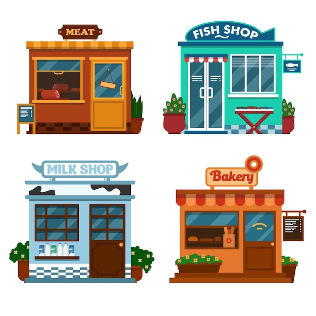 Vector illustration of buildings that are shops for buying food