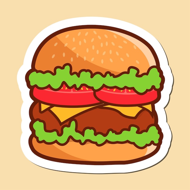 Vector illustration of burger with cheese tomatoes lettuce and juicy cutlet for stickers