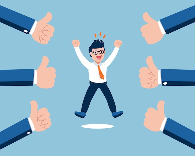 Vector illustration business concept happy businessman with many thumbs up hands