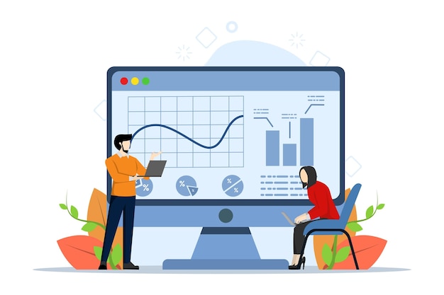 vector illustration of Business concept with Men and women discussing profit statistics