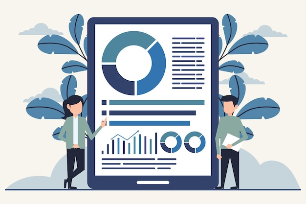 Vector illustration of business people analyzing financial data on tablet screen Flat style design