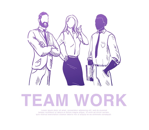 Vector illustration of business people, office workers, company stand  isolated isolated on white background. Hand drawn sketch style. Partnership, team work, consulting, support concept. Banner, app.