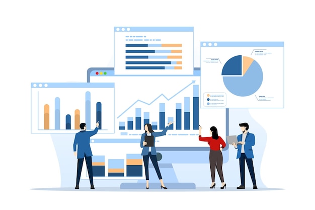 vector illustration of business team analysis and monitoring on web report dashboard monitor