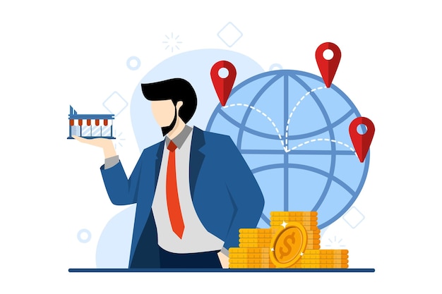 vector illustration of Businessman Concept with shop in hand and buying franchise remotely