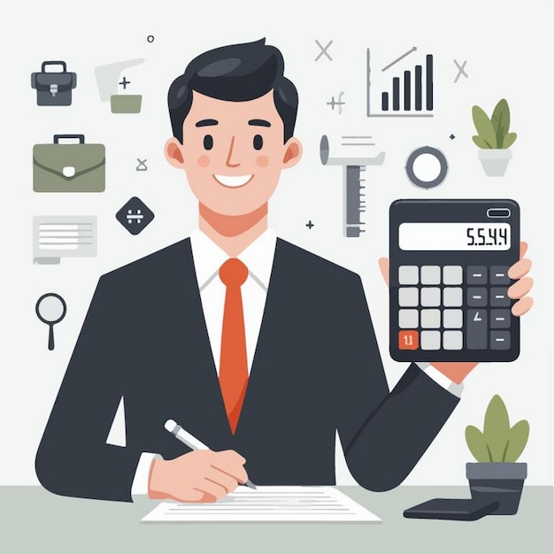 Vector vector illustration of businessman with calculator in flat design style