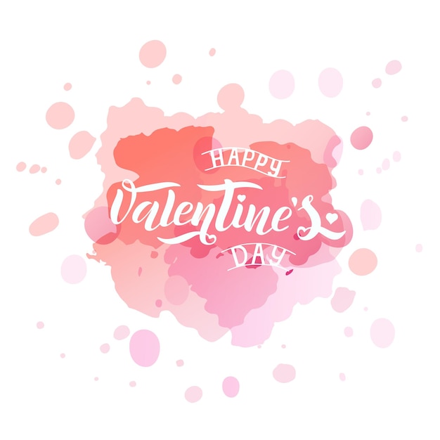 Vector illustration by Valentine s day text for greeting card, template banner.Hand drawn black vector lettering on pink background watercolor splashes.Happy Valentines Day poster.