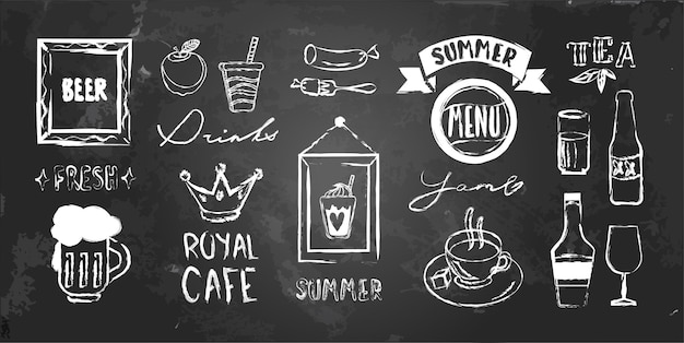 Vector illustration of cafe menu isolated elements by chalk on blackboard