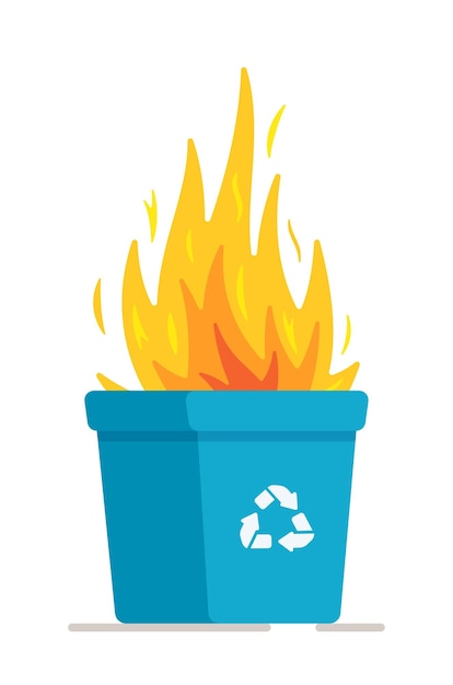 Vector illustration can fireBlue recycling tank burns on a white background Garbage drop off