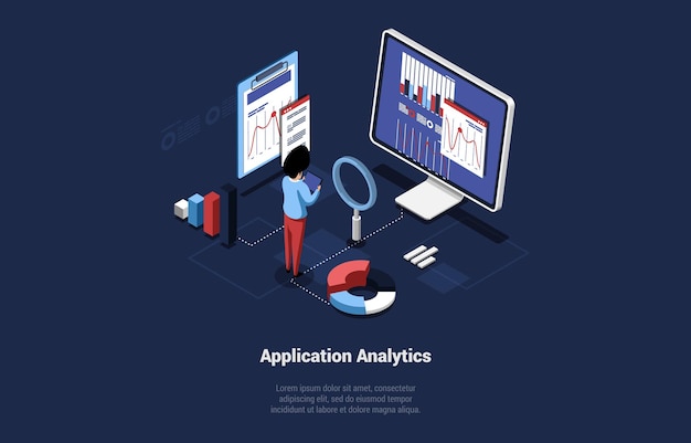 Vector Illustration, Cartoon 3D Style Composition. Isometric Design. Character And Infographics. Application Analytics Management. Mobile Research Service, Technological Survey. Charts, Diagrams, Info