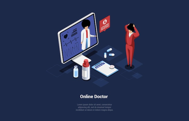 Vector vector illustration in cartoon 3d style. isometric composition on dark background with text and characters. online doctor concept. internet medical appointment, web service, aid, help, consultation