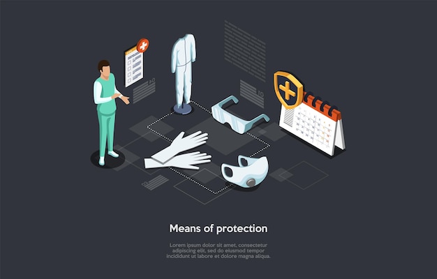 Vector Illustration In Cartoon 3D Style. Isometric Composition On Dark Background With Text. Means Of Protection, Disease Prevention And Medical Healthcare Concept. Person, Infographics, Clinic Items.