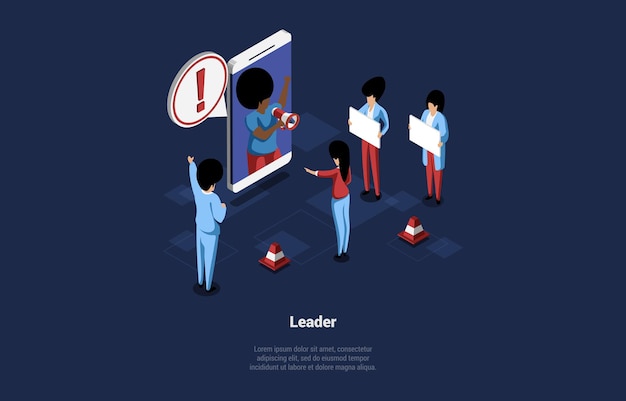 Vector Illustration. Cartoon 3D Style With Characters. Isometric Composition On People Opinion Leader Concept. Online Rebel, Mobile Internet Riot. Person With Megaphone On Smartphone Screen, Mob Near.