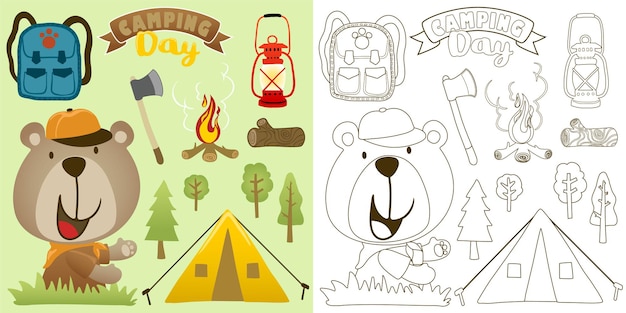 Vector vector illustration of cartoon bear with camping elements coloring book or page for kids